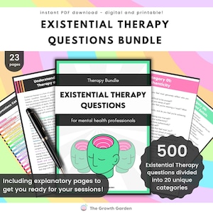Puede incluir: Una descarga digital de 500 preguntas de terapia existencial divididas en 20 categorías. La portada presenta una ilustración verde y rosa de tres cabezas con un cerebro rosa en el interior. El texto en la portada dice "Existential Therapy Questions Bundle" y "for mental health professionals".