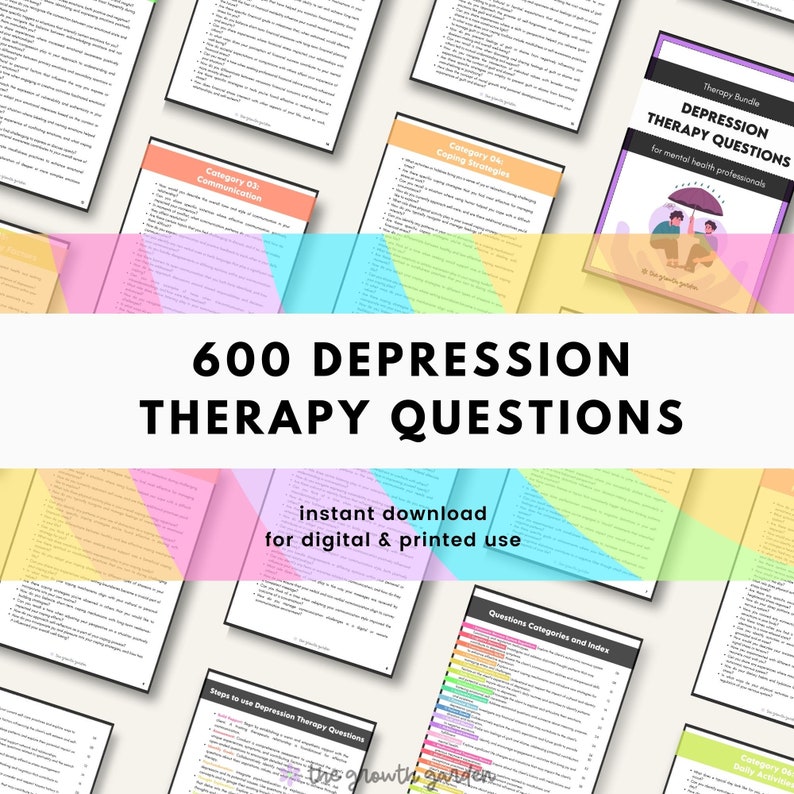 May include: A digital product download for mental health professionals. The cover image features a colorful background with the text "600 DEPRESSION THERAPY QUESTIONS" in black. The text "instant download for digital & printed use" is also included in black. The cover image also features a cartoon illustration of two people holding an umbrella.