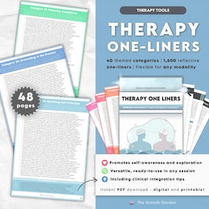 May include: A promotional image for "Therapy One-Liners," a digital resource for therapists. The image features a book cover with the title and a list of features. Several pages with text are visible, along with the text "48 pages."