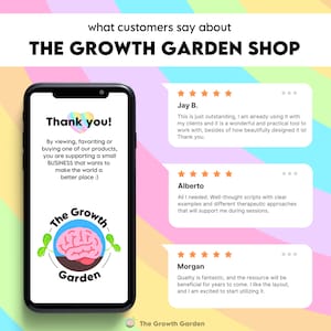 May include: A smartphone screen shows a "Thank you!" message and the logo for "The Growth Garden Shop." Customer reviews with star ratings are displayed against a colourful background. The shop's logo features a brain graphic.