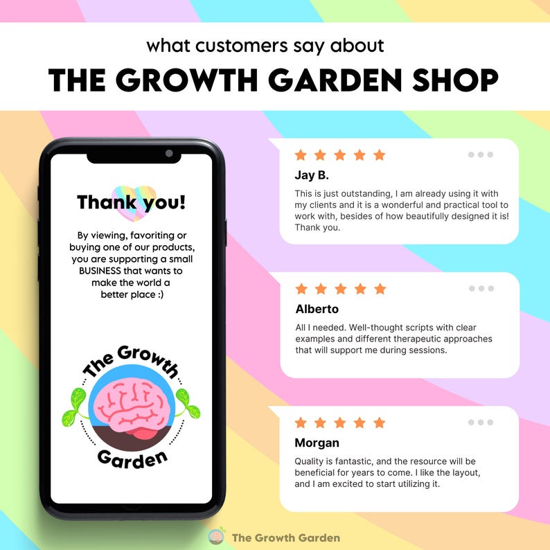 May include: A smartphone screen shows a "Thank you!" message and the logo for "The Growth Garden Shop." Customer reviews with star ratings are displayed against a colourful background. The shop's logo features a brain graphic.