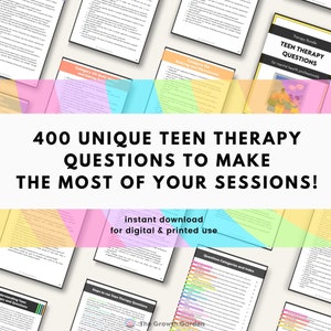 May include: A colorful digital download for 400 unique teen therapy questions to make the most of your sessions. The text "instant download for digital & printed use" is on a pink and blue background.