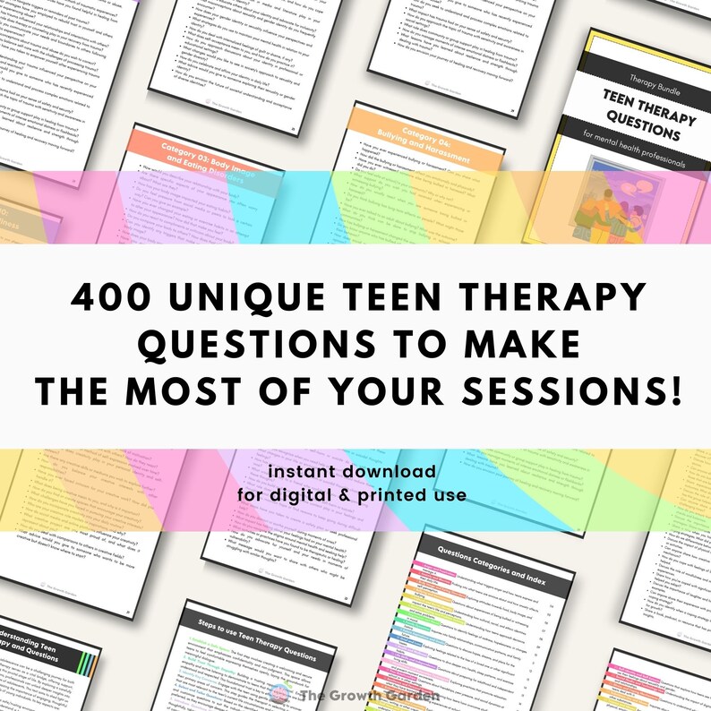 May include: A colorful digital download for 400 unique teen therapy questions to make the most of your sessions. The text "instant download for digital & printed use" is on a pink and blue background.