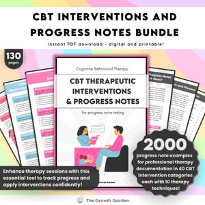Op de afbeelding: Een digitaal downloadpakket met 130 pagina's aan interventies en voortgangsnotities voor cognitieve gedragstherapie (CGT). Het pakket bevat 2000 voorbeelden van voortgangsnotities voor professionele therapiedocumentatie in 40 CGT-interventie categorieën, elk met 10 therapietechnieken.