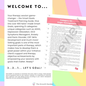 May include: A colorful printable worksheet with the title "Welcome To..." and the text "Let's Goal!"  The worksheet is a guide for therapists to help clients set goals for therapy sessions. The worksheet includes a list of categories for goals, such as ADHD, Depression Alleviation, OCD, Anxiety and Panic Disorder, CBT Skills Development, and Anger Management.