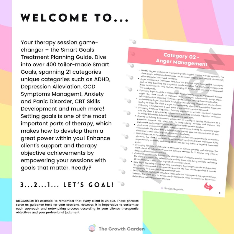 May include: A colorful printable worksheet with the title "Welcome To..." and the text "Let's Goal!"  The worksheet is a guide for therapists to help clients set goals for therapy sessions. The worksheet includes a list of categories for goals, such as ADHD, Depression Alleviation, OCD, Anxiety and Panic Disorder, CBT Skills Development, and Anger Management.
