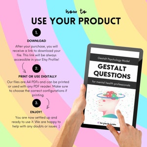 May include: A tablet displays instructions on how to use a digital product. The screen shows "Gestalt Questions" for mental health professionals. The background is a rainbow gradient. Text on the tablet explains downloading, printing, and enjoying the product.