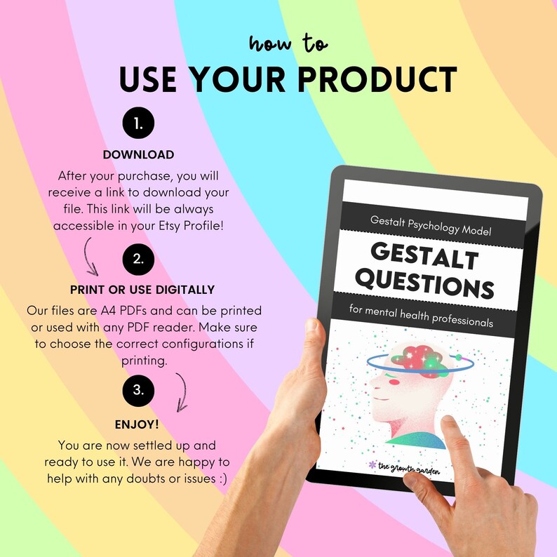 May include: A tablet displays instructions on how to use a digital product. The screen shows "Gestalt Questions" for mental health professionals. The background is a rainbow gradient. Text on the tablet explains downloading, printing, and enjoying the product.