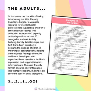 May include: A promotional image for "Kids Therapy Questions Bundle," a resource for mental health professionals. The text highlights 500 questions across 20 categories, designed to engage children in therapy sessions. The image includes a page with questions about school life.