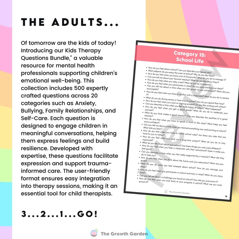 May include: A promotional image for "Kids Therapy Questions Bundle," a resource for mental health professionals. The text highlights 500 questions across 20 categories, designed to engage children in therapy sessions. The image includes a page with questions about school life.