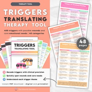 May include: A digital therapy tool titled "Triggers Translating Therapy Tool" with 400 triggers, 40 categories, and 48 pages. The cover features the title and a graphic. Additional pages display trigger categories and related information.