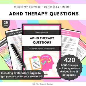 May include: A pink and green digital download for ADHD therapy questions. The cover features a brain with arrows circling it and a clipboard with a checkmark. The text reads "ADHD Therapy Questions for mental health professionals". There are 420 unique questions divided into 21 categories.