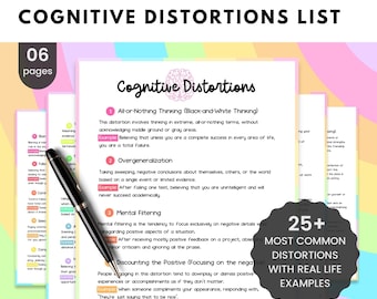 May include: A printable list of 25+ common cognitive distortions with real-life examples. The list includes descriptions of each distortion and examples of how they might manifest in everyday life. The list is titled "Cognitive Distortions List" and is presented on a white background with a pink and yellow border.
