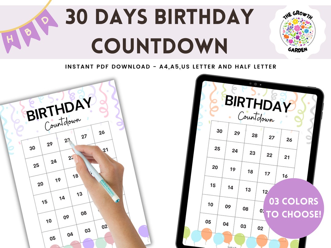 Birthday Countdown 30 Days Printable PDF Instant Download - Etsy