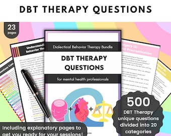 May include: A pink, yellow, and blue digital download for DBT Therapy Questions. The cover features a brain, heart, and scales, and the text "Dialectical Behavior Therapy Bundle" and "DBT Therapy Questions for mental health professionals". The text "500 DBT Therapy unique questions divided into 20 categories" is also included.