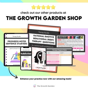 May include: A promotional image for The Growth Garden Shop, featuring various therapy resources. The image includes a tablet, smartphone, and laptop displaying therapy bundles, sentence starters, and workbooks. Text includes "Rational Emotive Behavioral (REBT) Therapy Questions" and "Enhance your practice now with our amazing tools!"