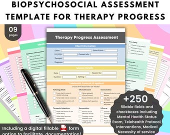 May include: A printable therapy progress assessment template with a colourful design. The template includes sections for client information, session details, telehealth protocol, therapeutic adaptations, documentation, and follow-up. The text "+250 fillable fields and checkboxes including Mental Health Status Exam, Telehealth Protocol, Interventions, Medical Necessity of service and more!" is displayed in the bottom right corner.