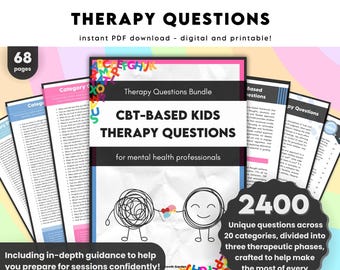 Op de afbeelding: Een digitale download van 68 pagina's met CBT-gebaseerde therapie vragen voor kinderen, verdeeld in 20 categorieën en drie therapeutische fasen. De cover heeft een kleurrijk ontwerp met een cartoonillustratie van twee figuren, een met verwarde lijnen en de andere met een vrolijk gezicht, die elkaar de hand vasthouden. De tekst "CBT-gebaseerde therapie vragen voor kinderen" staat in een groot, vet lettertype.