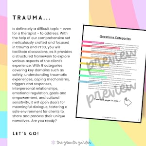 May include: A colourful chart with the title "Trauma..." and the text "Questions Categories" with eight categories listed in a rainbow colour scheme. The categories are: Safety and Trust, Understanding the Traumatic Experience, Coping Mechanisms and Self-Care, Interpersonal Relationships, Emotional Regulation, Goals and Empowerment, Cultural Sensitivity, and Growth and Future.