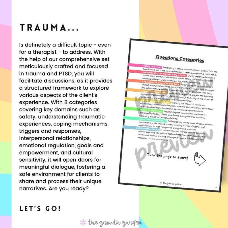 May include: A colourful chart with the title "Trauma..." and the text "Questions Categories" with eight categories listed in a rainbow colour scheme. The categories are: Safety and Trust, Understanding the Traumatic Experience, Coping Mechanisms and Self-Care, Interpersonal Relationships, Emotional Regulation, Goals and Empowerment, Cultural Sensitivity, and Growth and Future.