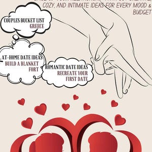 May include: A beige graphic with the text "THE ULTIMATE COUPLES ACTIVITY & DATE NIGHT GUIDE". It includes illustrations of a couple, hearts, and thought bubbles with date ideas like "Build a Blanket Fort".