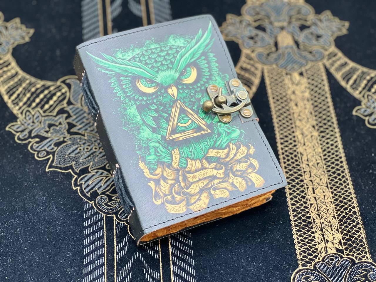 Mystical Green Owl Leather Journal | All-Seeing Eye Grimoire with Brass Clasp | Occult Spell Book &a