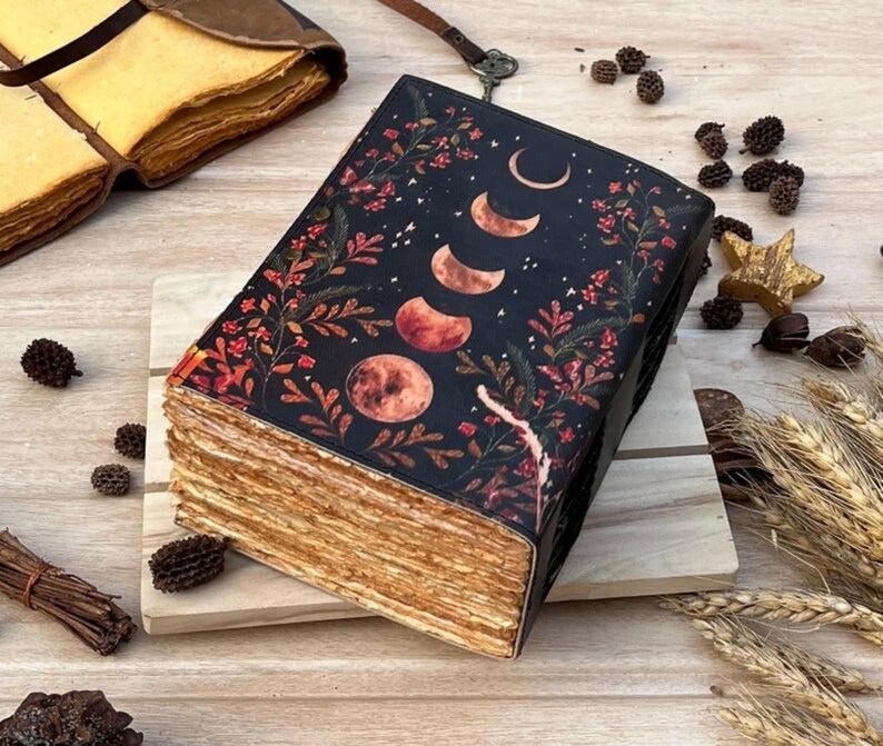 Handmade Moon Phases Leather Journal - Vintage Grimoire With Deckle ...