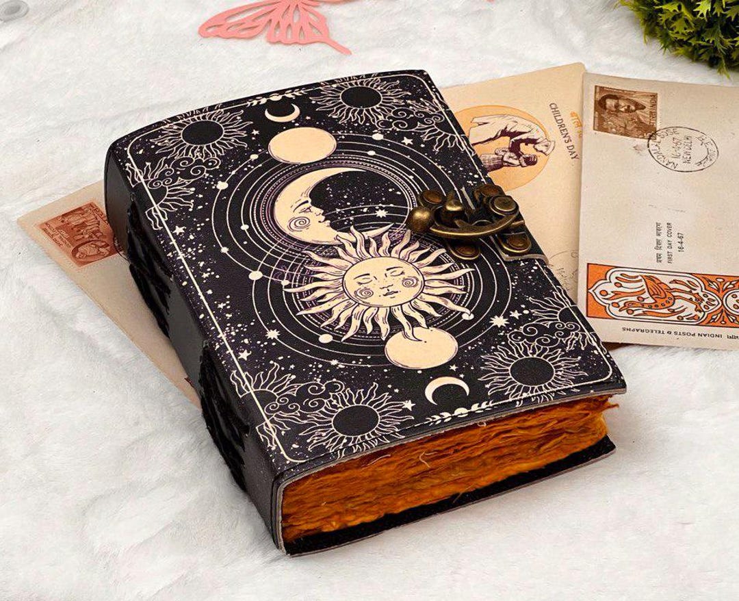 Celestial Sun Moon Leather Journal, Deckle Edge Paper, Vintage Spell ...