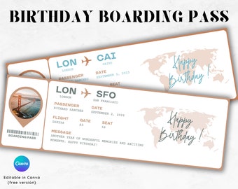 Modello di biglietto aereo personalizzato, regalo di compleanno unico per la carta d'imbarco, voucher personalizzabile per feste di compleanno