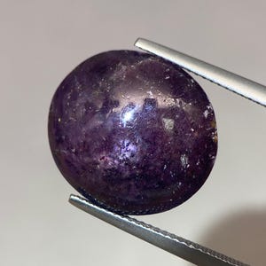 May include: A polished, oval-shaped gemstone in shades of deep purple, held by silver tweezers. The stone has a smooth, reflective surface with subtle variations in color and texture, suggesting natural inclusions.