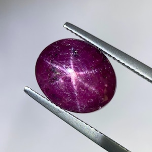 Op de afbeelding: Een gepolijste, ovaalvormige robijn edelsteen, vastgehouden door een zilveren pincet. De diepe magenta steen vertoont een zesstralig ster-effect, met licht dat uit het midden straalt. De edelsteen heeft een glad, reflecterend oppervlak met natuurlijke insluitsels.