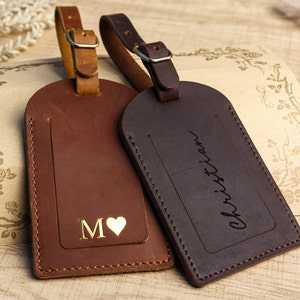Personalized Leather Luggage Tag , Wedding Travel Birthday gift for him for her , wedding favors , Custom engraving groomsmen gift image 1
