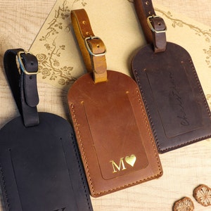 Personalized Leather Luggage Tag , Wedding Travel Birthday gift for him for her , wedding favors , Custom engraving groomsmen gift Gold Stamp