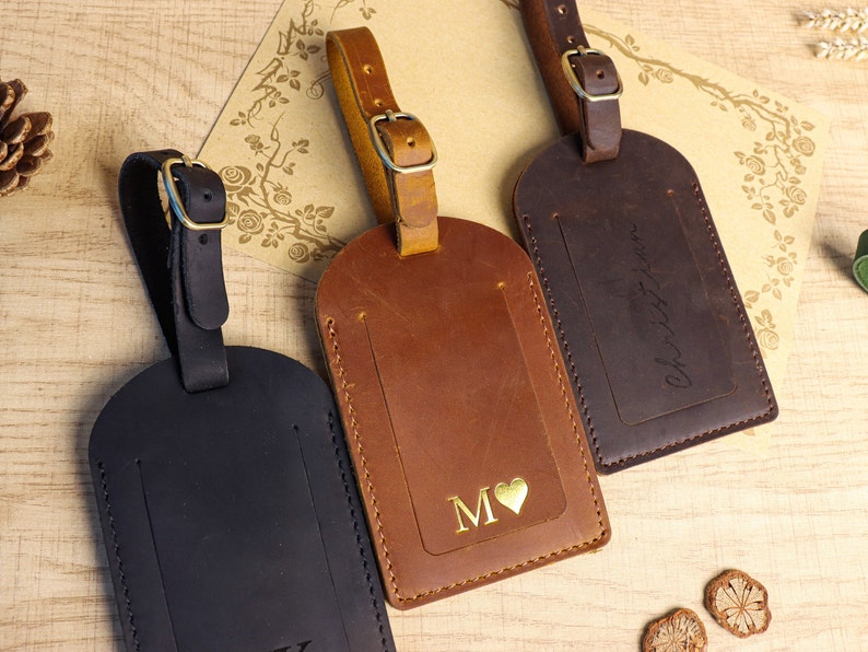 Personalized Leather Luggage Tag , Wedding Travel Birthday gift for him for her , wedding favors , Custom engraving groomsmen gift Gold Stamp