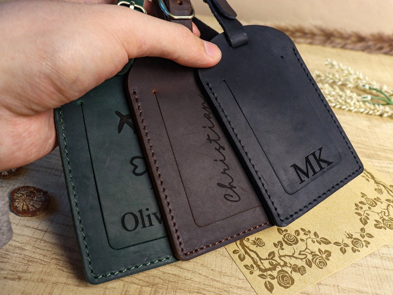 Personalized Leather Luggage Tag , Wedding Travel Birthday gift for him for her , wedding favors , Custom engraving groomsmen gift image 2