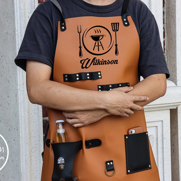 Personalized Engraving Leather Apron with logo | Personalized Work Leather Apron | Holiday Kitchen Tool gift for friend for Cooking for BBQ