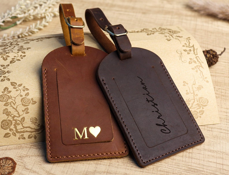 Personalized Leather Luggage Tag , Wedding Travel Birthday gift for him for her , wedding favors , Custom engraving groomsmen gift image 1