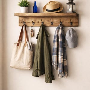 May include: A wooden wall-mounted coat rack with six black metal hooks. The shelf holds a potted green plant, a blue glass bottle, a straw fedora with a black band, and a black lantern. Items hanging include a beige tote, jacket, scarf, and cap.