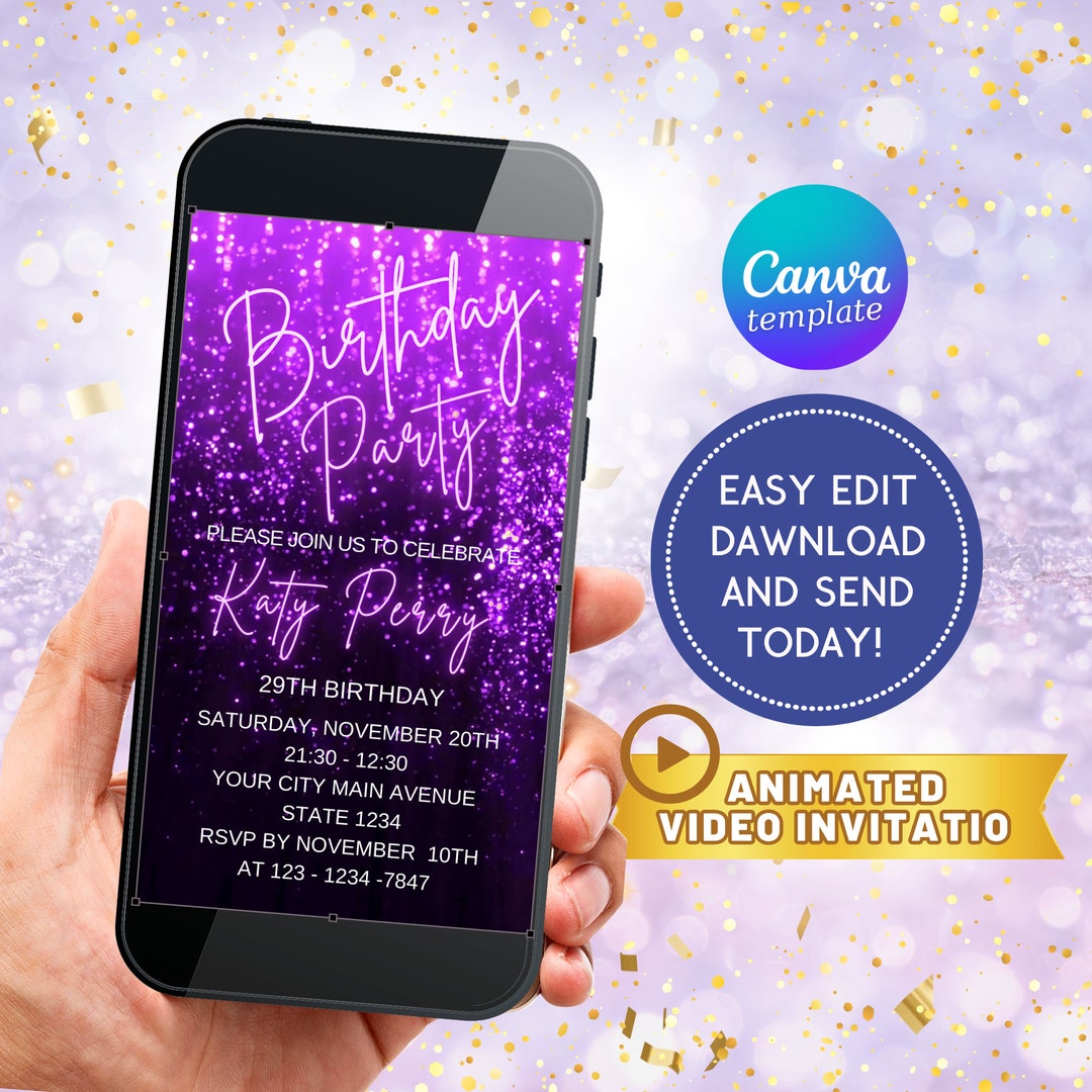 Purple Glitter Birthday Party Invitation, Electronic Invite, Dripping