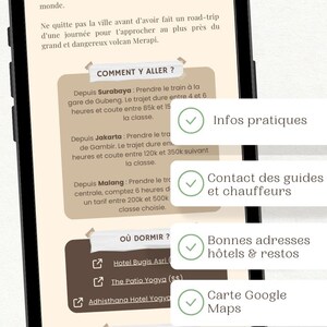 May include: A smartphone screen displaying information about visiting Yogyakarta, Indonesia. The screen includes sections for getting there, where to stay, where to eat, and practical information. The screen also includes checkmarks next to each section.