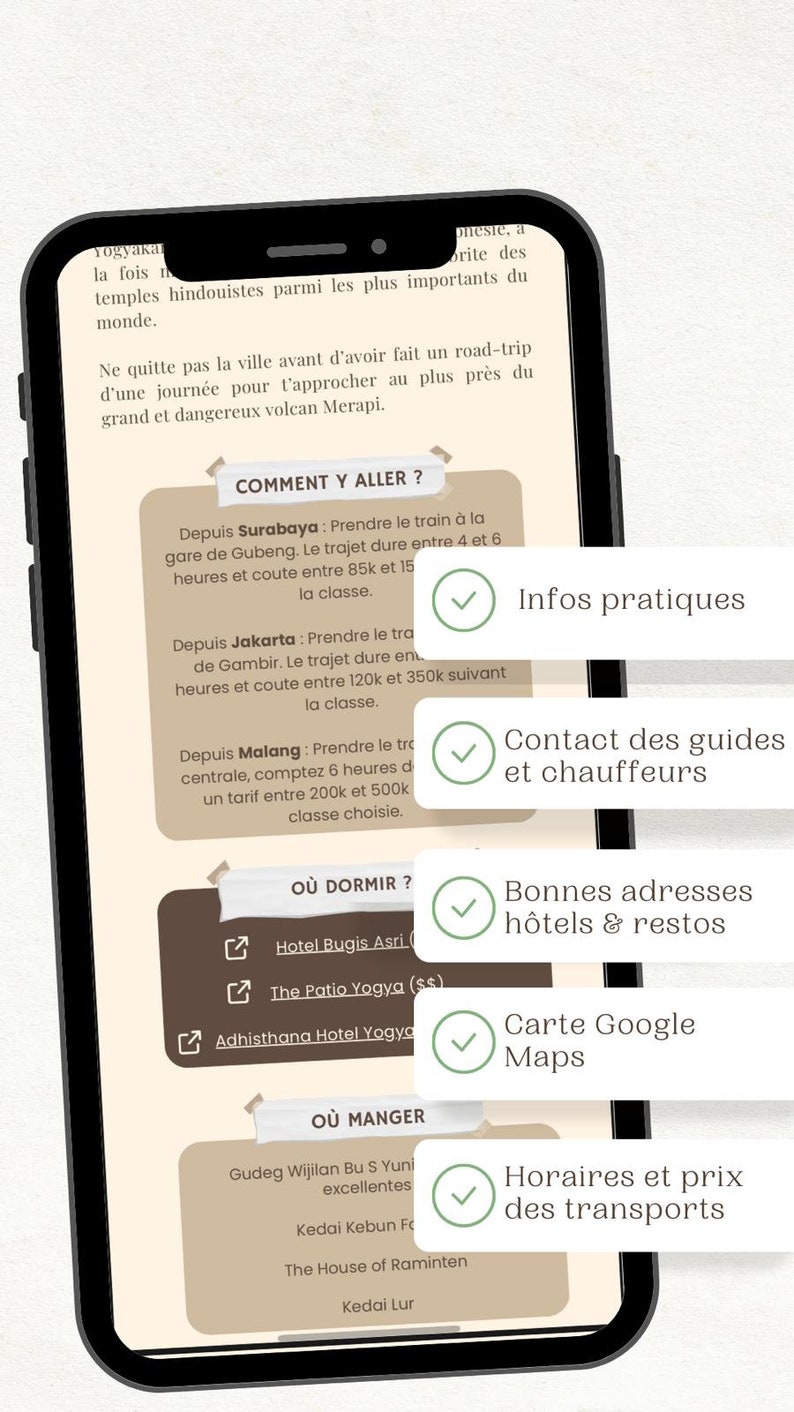 May include: A smartphone screen displaying information about visiting Yogyakarta, Indonesia. The screen includes sections for getting there, where to stay, where to eat, and practical information. The screen also includes checkmarks next to each section.