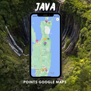 May include: A screenshot of a Google Maps app on a smartphone displaying a map of Java, Indonesia. The map is zoomed in on the eastern part of the island, showing the cities of Semarang, Madiun, and Tulungagung. The map also shows several points of interest, including a waterfall, a national park, and a temple.