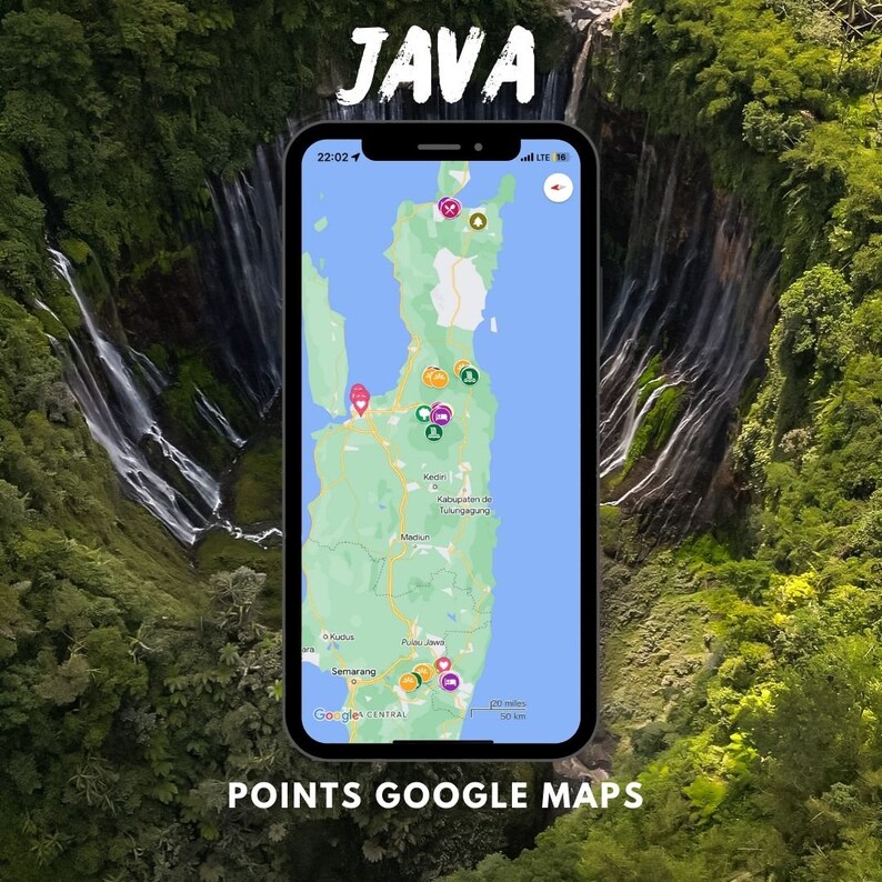 May include: A screenshot of a Google Maps app on a smartphone displaying a map of Java, Indonesia. The map is zoomed in on the eastern part of the island, showing the cities of Semarang, Madiun, and Tulungagung. The map also shows several points of interest, including a waterfall, a national park, and a temple.