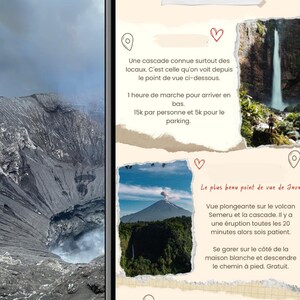 May include: A smartphone screen displaying a travel guide to Java, Indonesia. The guide features photos of a waterfall, a volcano, and a rice paddy field. The text on the screen reads "&Agrave; VISITER" and "DESA ORO ORO OMBO".
