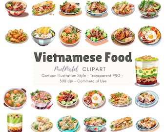 Clipart de comida vietnamita / Ilustración de dibujos animados Pegatinas digitales de comida / Comida asiática / Fideos y arroz Bowl Clipart / Uso comercial