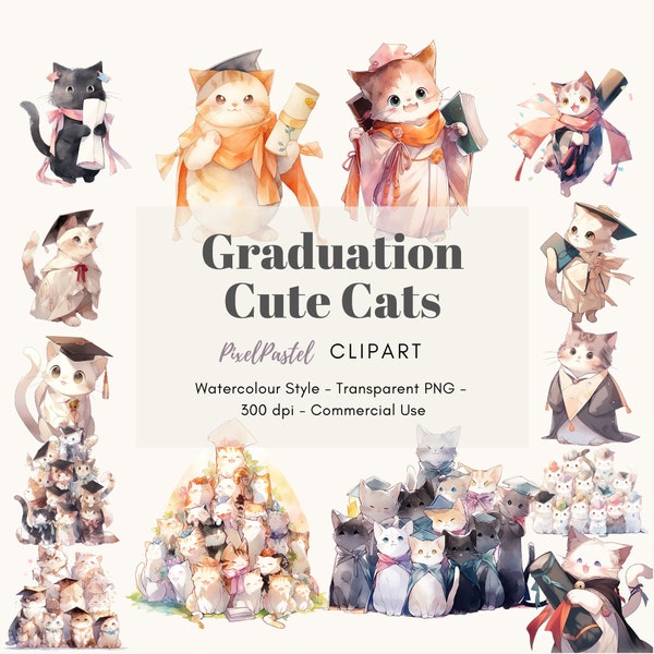 Graduation Cat Clipart | Graduation Illustrations | Cap and Gown Cat Clipart | Graduation Designs | Kawaii Cat Digital PNG | Graduation DIY