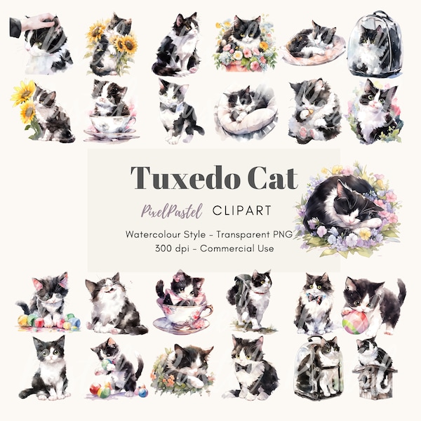 Watercolor Tuxedo Cat Clip Art | Digital PNG Cats | Black And White Cats Clipart | Cute Floral Cats And Kittens | Commercial Use