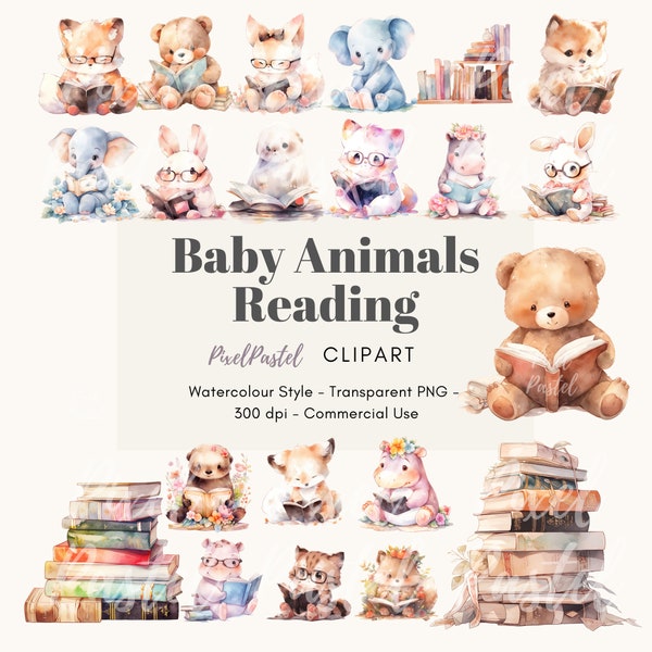 Watercolor Baby Animal Reading A Book Clip Art | Bear Bunny Fox Hippo Cat Otter Elephant Book Reading | Nursery Clip Art | Commercial Use
