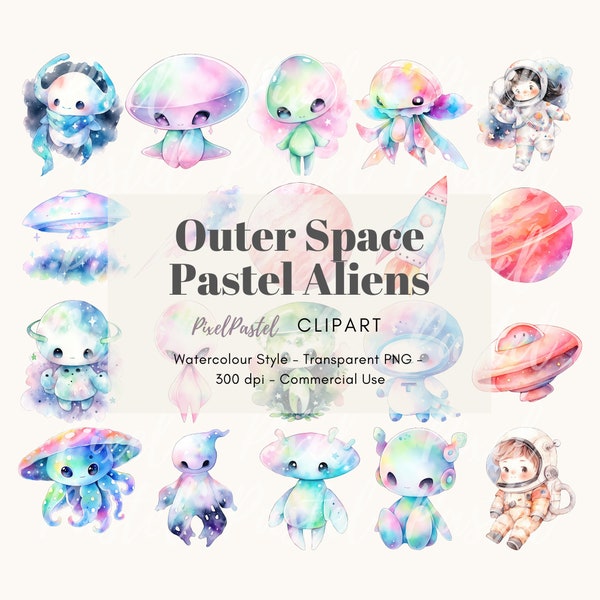 Watercolor Outer Space Alien Clip Art | Kawaii Pastel Alien PNG | Intergalactic | UFO Spaceship Outer Space Digital Sticker | Commercial Use