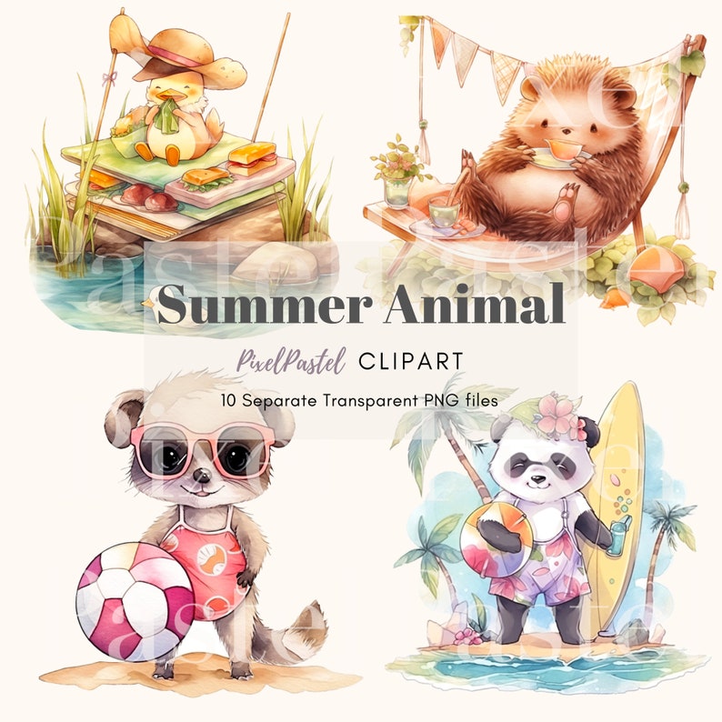 Watercolor Cute Animals Summer Activities Clipart Kawaii Animal Clipart